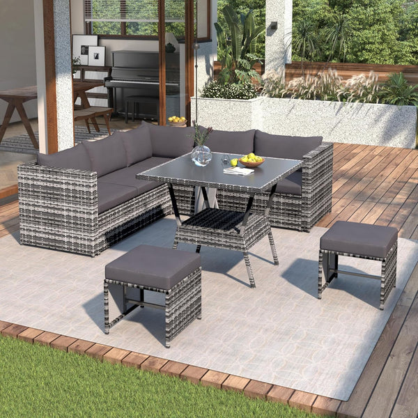 HomeTouch Luxury Rattan Garden Furniture Corner Sofa Set 8 Seater Outdoor Patio Corner Sofa with Coffee Table and 2 Stools (Corner Sofa with Coffee Table) (Grey-7 Seater)