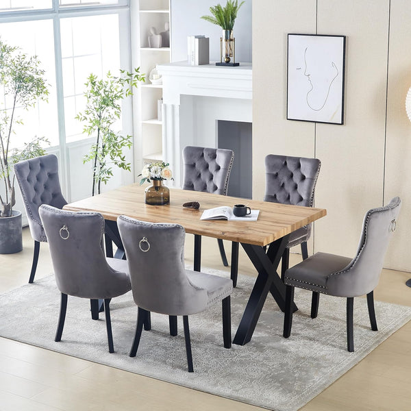 HomeTouch Luxury Wooden Dining table Black Cross Metal Legs with Velvet Wing Dining Chairs for Dining Room Kitchen (Table with Grey Chairs)