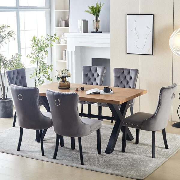 HomeTouch Luxury Rustic Oak Wooden Dining table Black Cross Metal Legs with Velvet Wing Dining Chairs for Dining Room Kitchen (Table with Grey Chairs)