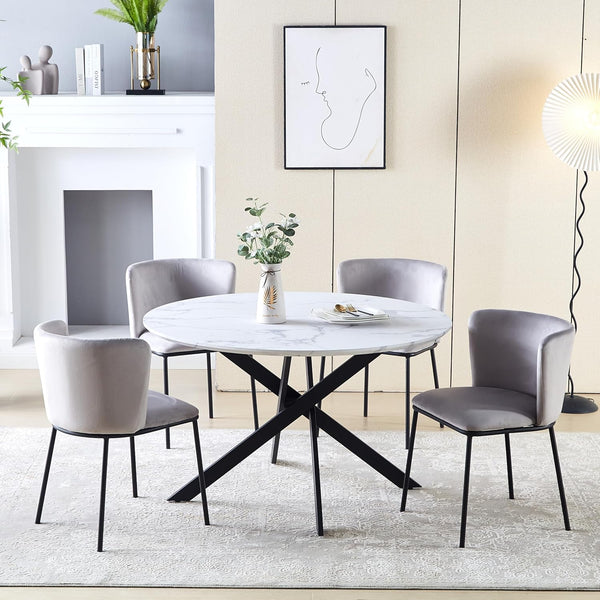 HomeTouch 5 Pieces Dining Table Set with 4 Chairs and 120 Marble Effect Round Table, Velvet Dining Chairs and Kitchen Table Set with Metal Legs for Dining Room Sets (Round Table with Chairs)