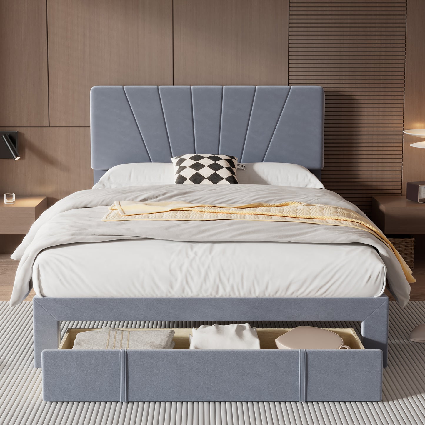 Double Velvet Upholstered Bed with a Big Storage Drawer and Adjustable Headboard