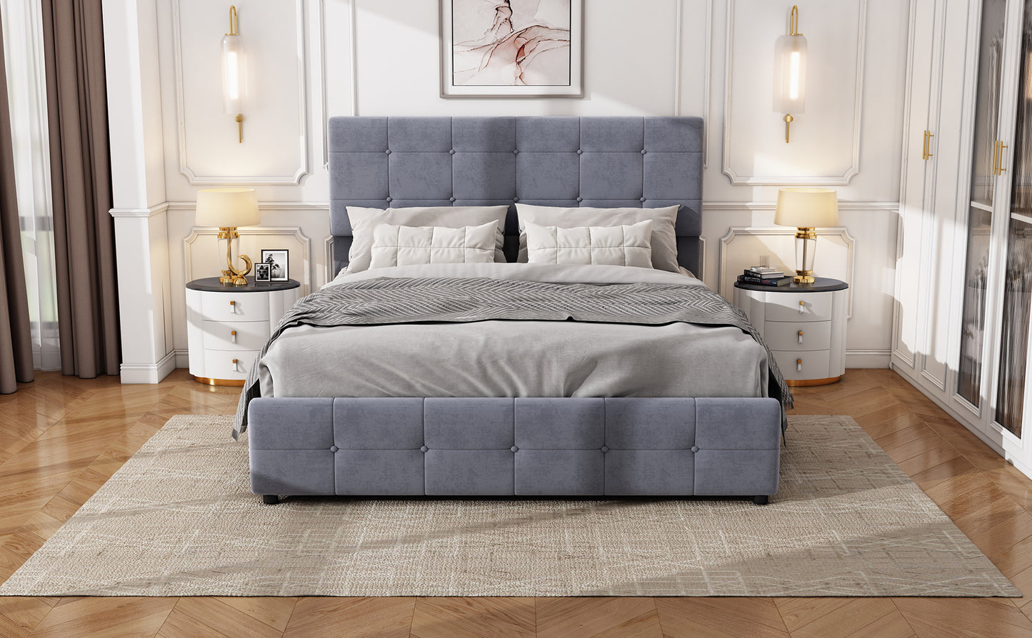 Double Velvet Upholstered Bed with 4 Storage Drawers and Adjustable Tufted Button Headboard