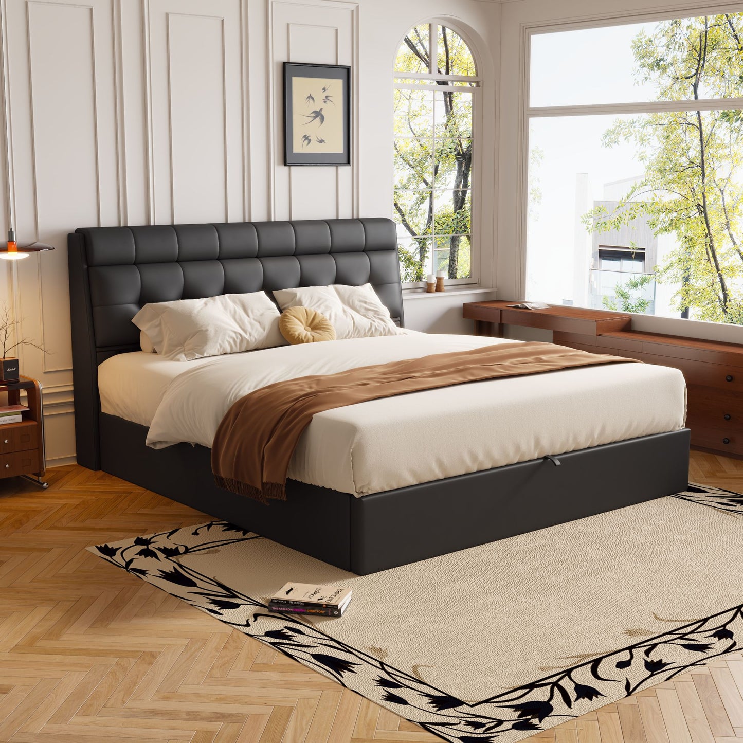 Faux Leather Bed Frame with Bed Box and Concealed Headboard Storage