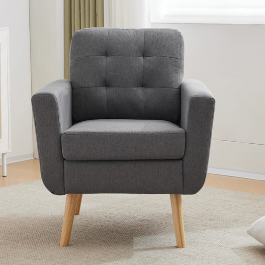 Mid-Century Modern Linen Fabric Upholstered Armchair with Tufted Back and Wooden Legs