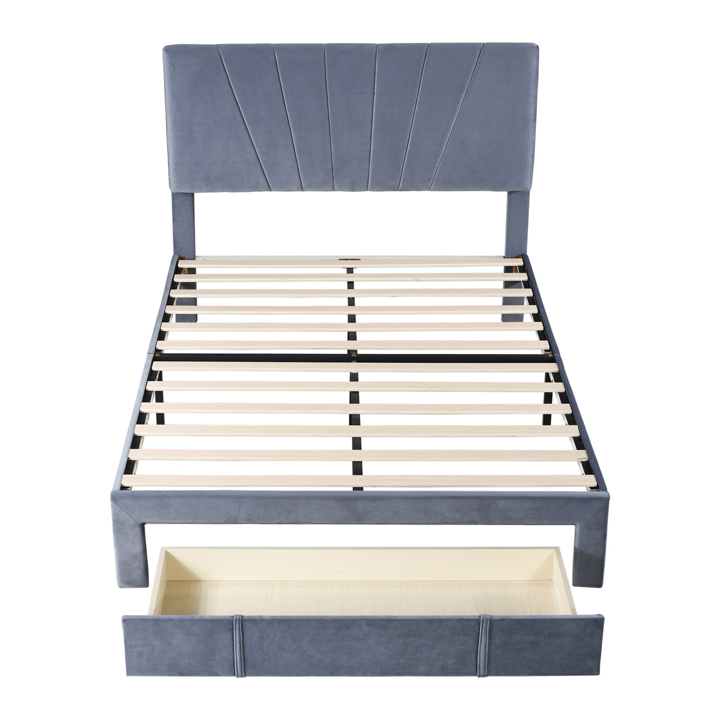 Double Velvet Upholstered Bed with a Big Storage Drawer and Adjustable Headboard