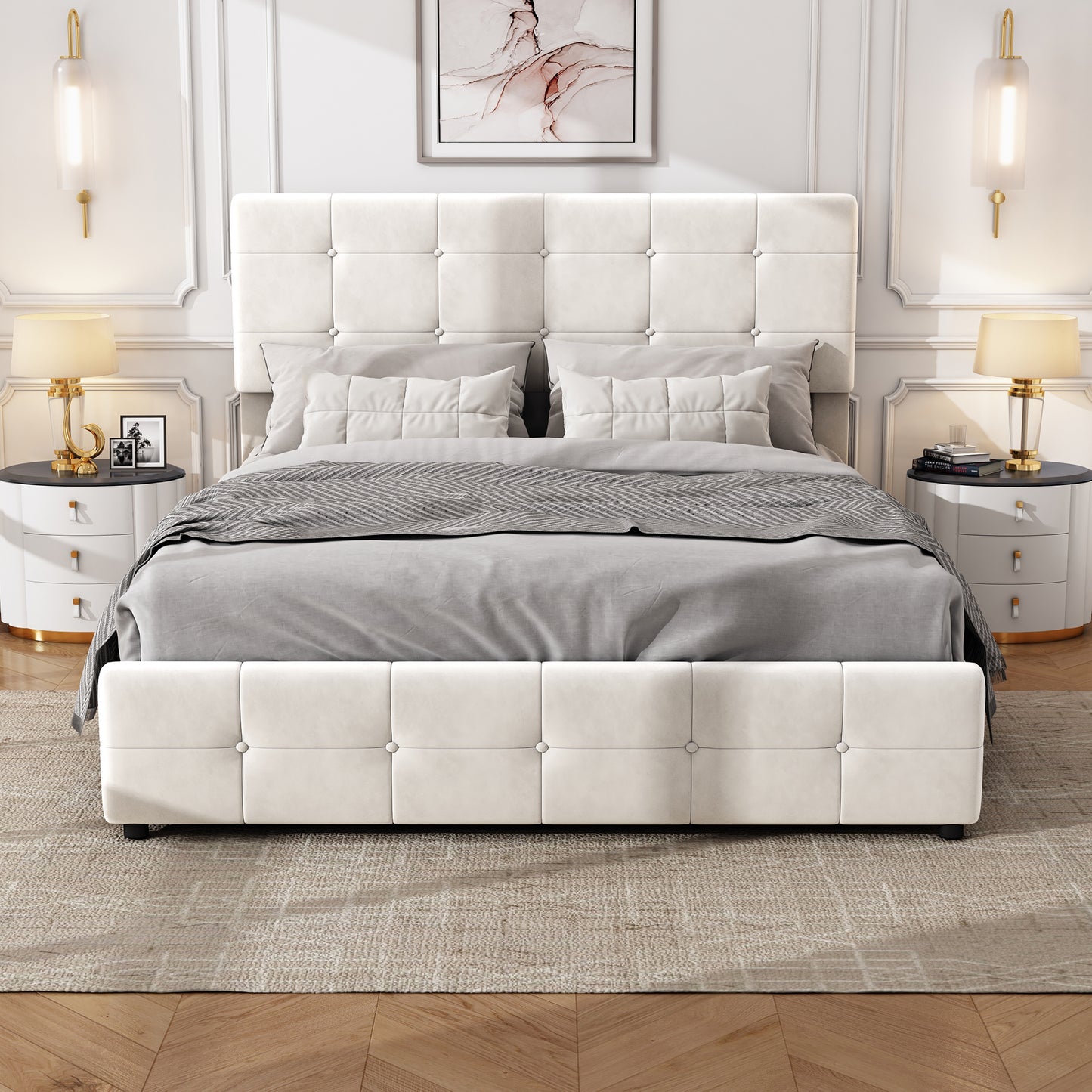 Double Velvet Upholstered Bed with 4 Storage Drawers and Adjustable Tufted Button Headboard