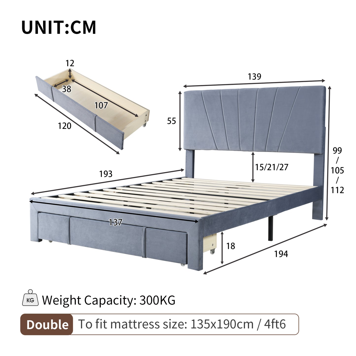 Double Velvet Upholstered Bed with a Big Storage Drawer and Adjustable Headboard