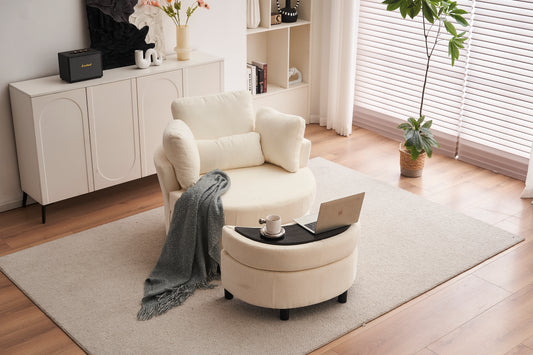 Ivory Chenille Swivel Armchair with 3 Back Cushions and Ottoman Crescent Stool