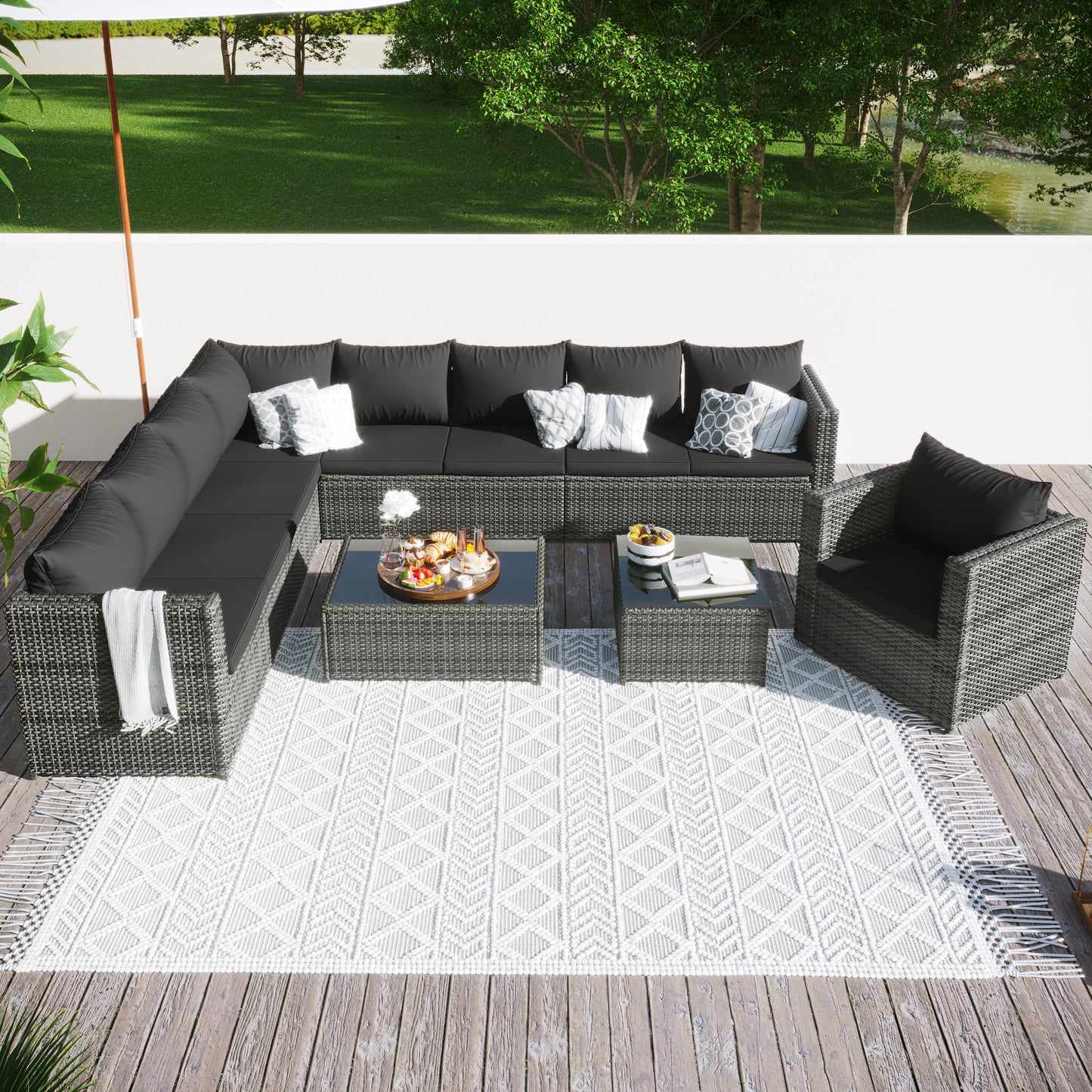 9-Seater Large Rattan Garden Patio Corner Sofa Set with Coffee Table and Stools