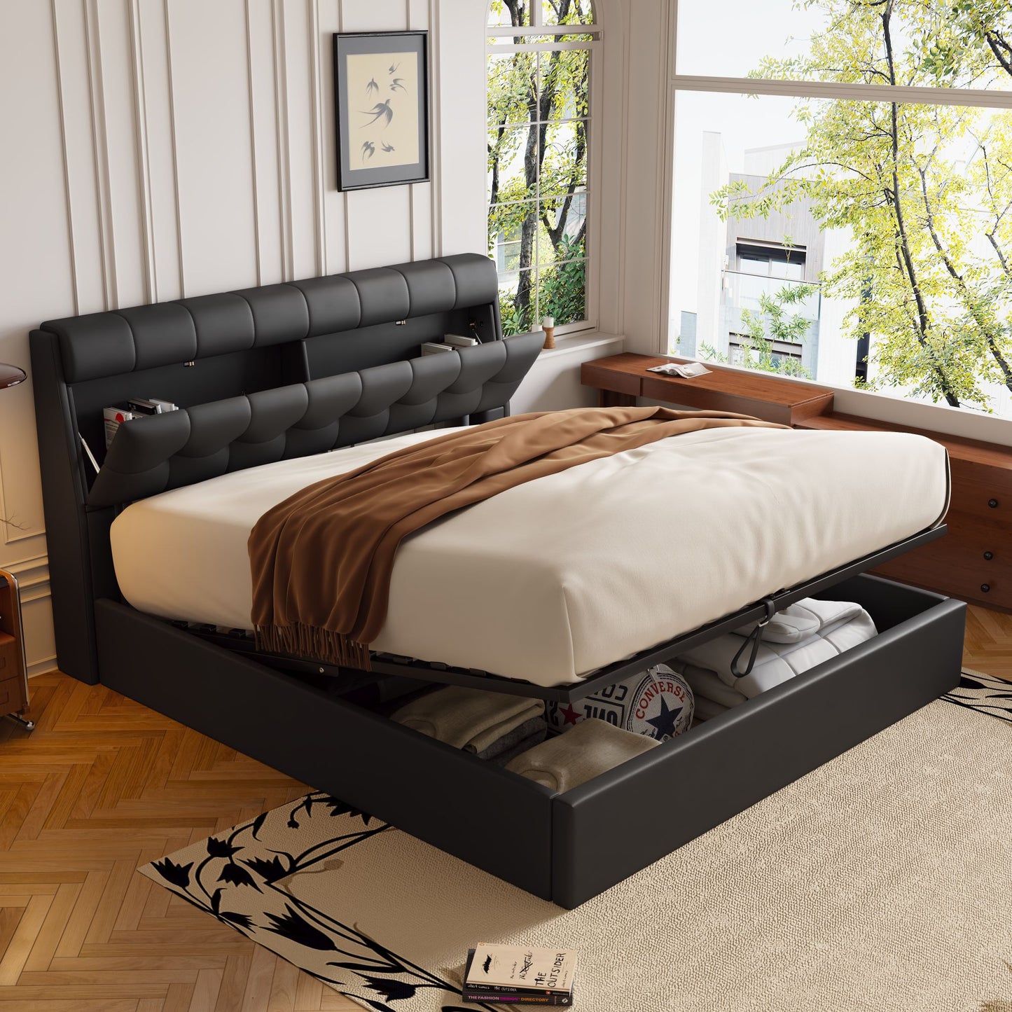 Faux Leather Bed Frame with Bed Box and Concealed Headboard Storage