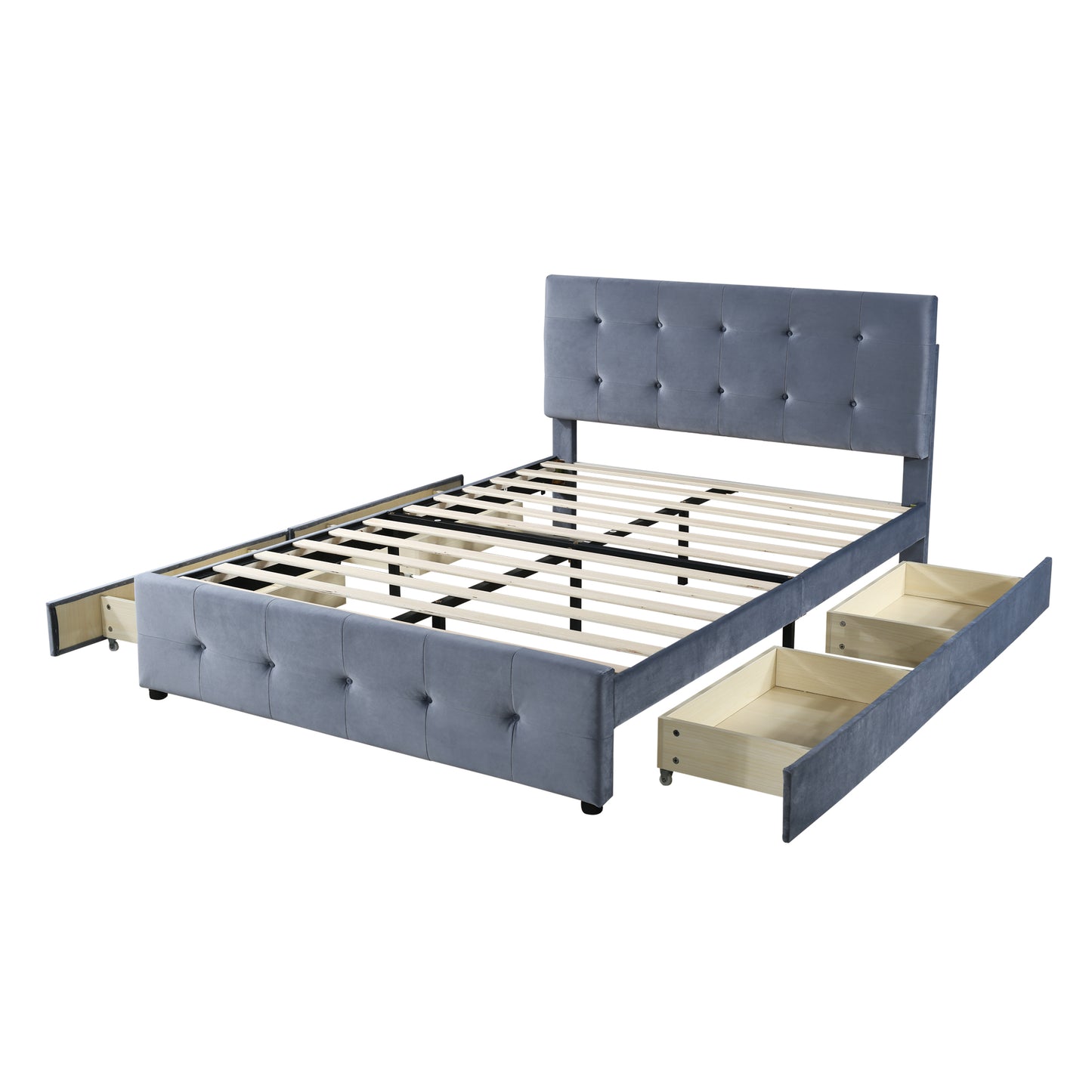 Double Velvet Upholstered Bed with 4 Storage Drawers and Adjustable Tufted Button Headboard