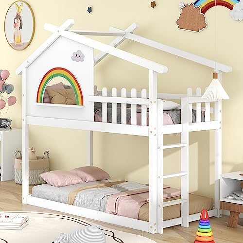 HT 3FT Rainbow House Children's Bunk Bed Frame with Ladder House Bed Bunk Bed for Kids Teenagers (White, 190x90cm)